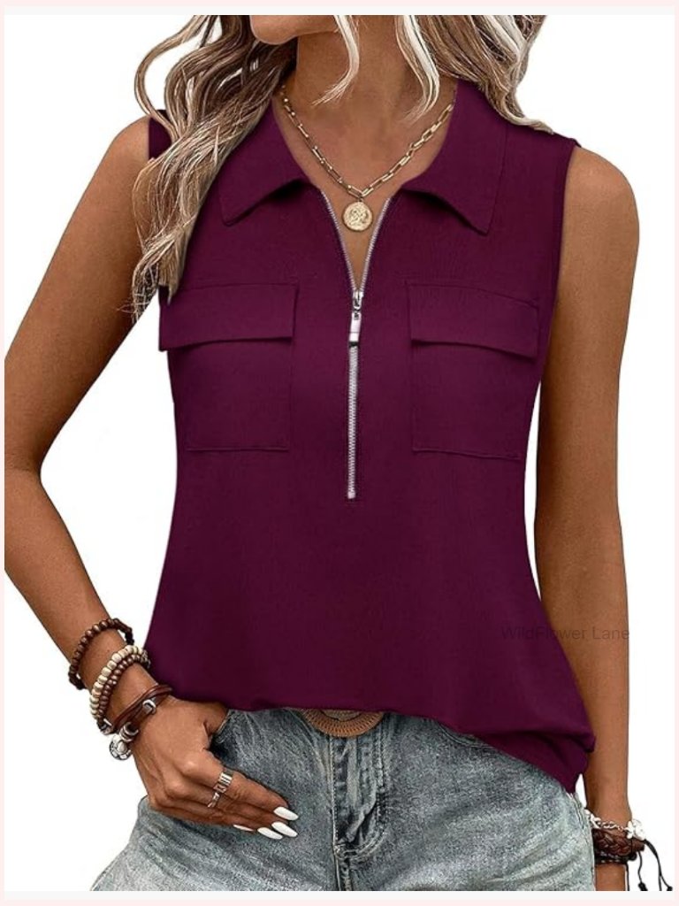 Sleeveless Collared Quarter Zip Tank Top Blouse Business Casual Tunic For